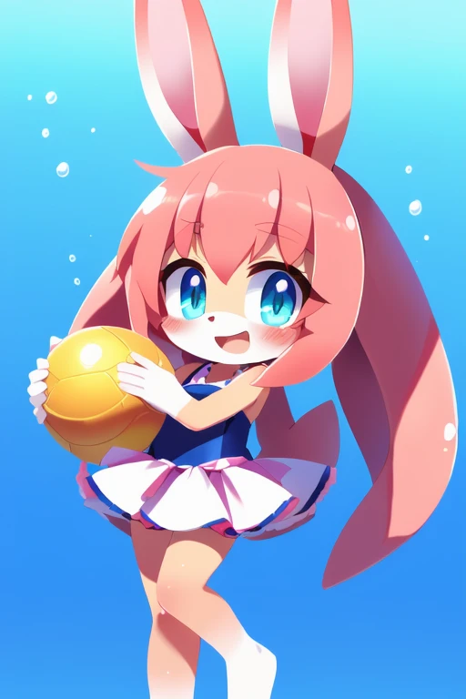 a close up of a person in a dress holding a ball, loli, shirabii, rin, is wearing a swimsuit, splash art anime loli, original chibi bunny girl, swimsuit, bunny girl, humanoid pink female squid girl, madoka kaname, moe, nyaruko-san, vivy, blushing, official...