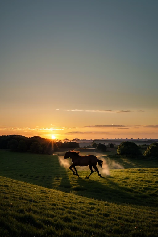 Landscape with a galloping horse on a meadow at dusk with sunset