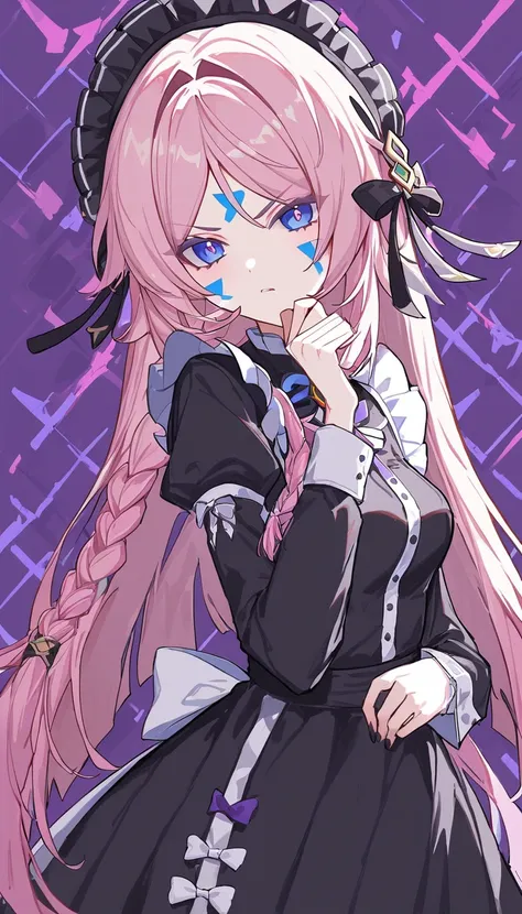 citlali ,シトラリ(genshin impact),1girl,cowboy shot,scowl,(hand on own chin),gothic maid,pink hair, parted bangs, very long hair, ha...