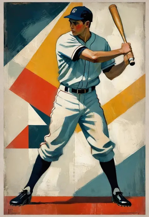 Vintage Baseball Poster art | Sports Posters Bauhaus, geometric shapes. Capture the intense, introspective expression of the young subject using thick, expressive brushstrokes and a muted color palette. Highlight the emotional depth and vulnerability in th...