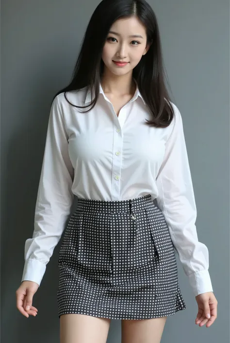 full body photo of an asian beauty, wearing loose large white shirt and a black dot skirt ， black long hair curled up in the bac...