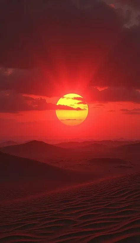 "Ultra-realistic, 8K, scene of the sun rising from the west over a barren desert landscape. The sky is filled with an intense red and orange glow, creating a surreal and ominous atmosphere. Long shadows stretch across the ground as the suns rays pierce thr...