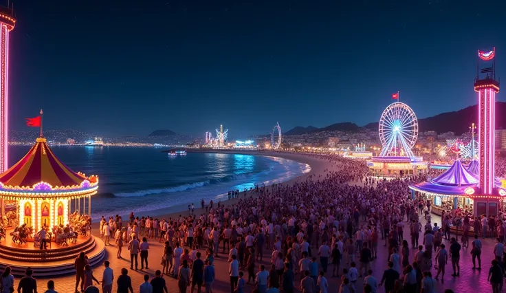 a panoramic aerial night shot of an amusement park on the coast,colorful lights on carousels and ferris wheel,a rollercoaster,crowds of people enjoying the park,8k,masterpiece,extremely detailed,beautiful panoramic,photorealistic,vivid colors,studio lighti...