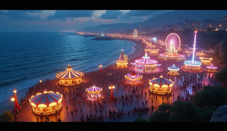 a panoramic aerial night shot of an amusement park on the coast,colorful lights on carousels and ferris wheel,a rollercoaster,lots of attractions,  people enjoying the park,8k,masterpiece,extremely detailed,beautiful panoramic,photorealistic,vivid colors,s...