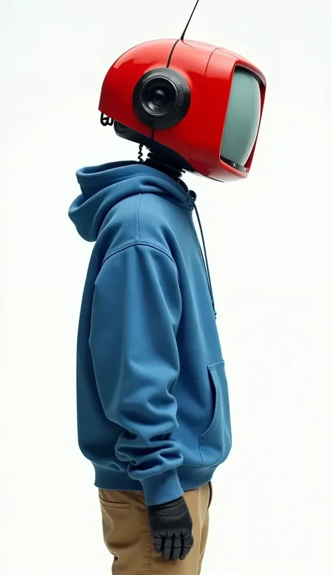 live-action、Real、A television robot with a red cathode ray tube head、Blue hoodie、Beige chinos、profile、White background
