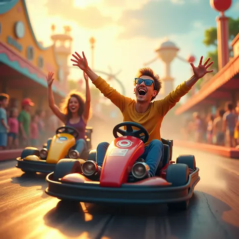 Couple enjoying mini racing go-karts at an amusement park、Warm atmosphere、Photorealistic、 very detailed、high quality、8k、Vibrant colors、 DYNAMIC MOVEMENT 、adventure、Fun、Laughter、excited、Beautiful sky、sunlight、crowd、 Vibrant Environment 、