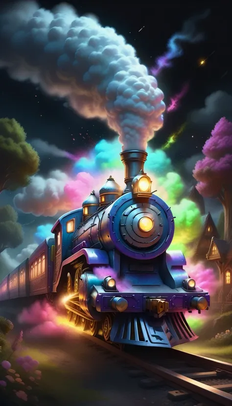 a glowing magical train in the style of chalkdust, 8k,digital art, high quality, highly detailed