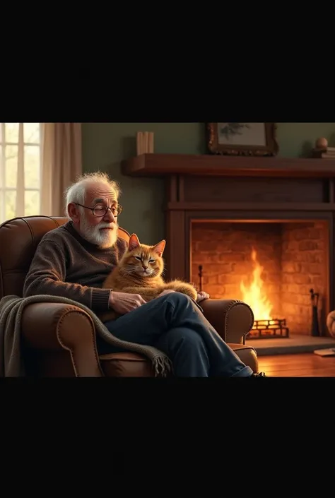 A cozy, warm living room with an old man sitting in a large armchair by the fireplace. A small, contented cat is curled up on his lap, both of them bathed in the soft glow of the fire. The mood is peaceful and comforting.

Prompt: “An old man sitting in an...