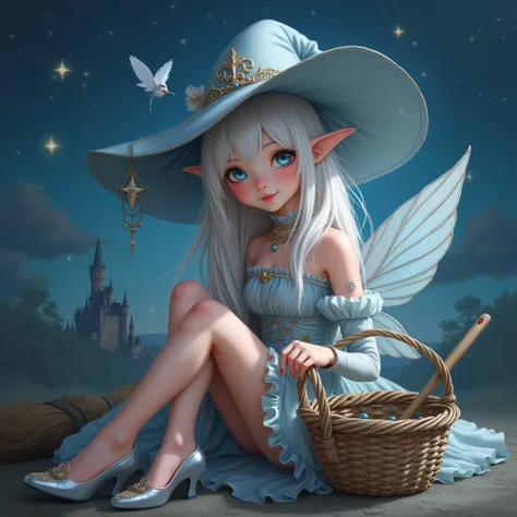 Photo, Photography of a girl, solo, long hair, looking at viewer, blush, smile, blue eyes, hat, bare shoulders, sitting, full body, flower, white hair, wings, pointy ears, high heels, witch hat, broom, large wide brim hat, basket, fairy wings, witch, fairy...