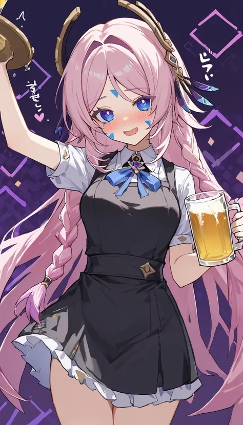 citlali ,シトラリ(genshin impact),1girl,cowboy shot,drunk,holding beer glass,waitress,pink hair, parted bangs, very long hair, hair ...