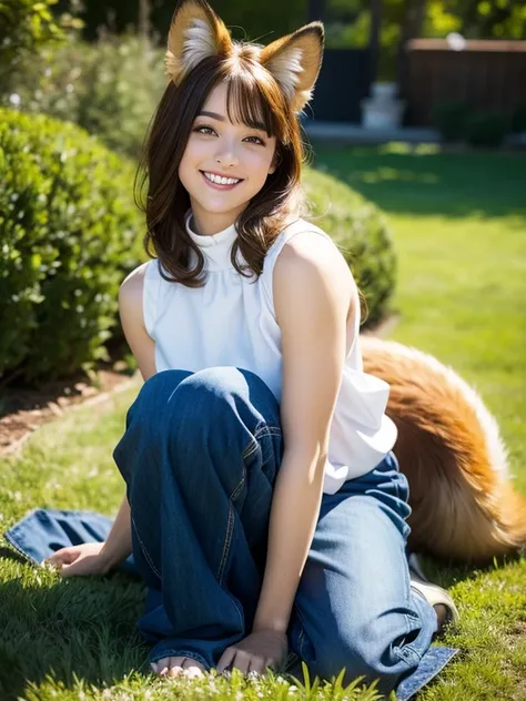 ((Best Quality, 8k)), ((masterpiece)), (Highest Resolution), Perfect Face, Woman with fox ears, Woman with a tail, Beautiful woman, It was taken in the garden, Only one tail, She has thick thighs, Her big fox tail, I can see her fox tail, She wags her tail...