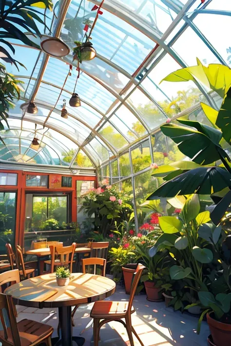 Cafe in a tropical greenhouse、 tarts and lattes on the table、Warm sunshine