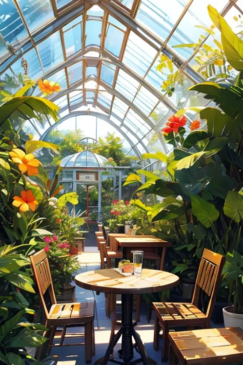 Cafe in a tropical greenhouse、 tarts and lattes on the table、Warm sunshine