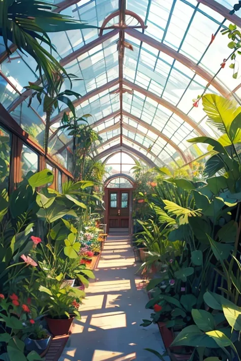 A library in a tropical greenhouse