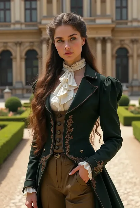 Beautiful brunette girl identical to Emma Myers in seventeenth century men&#39;s suit standing in front of a baroque palace 