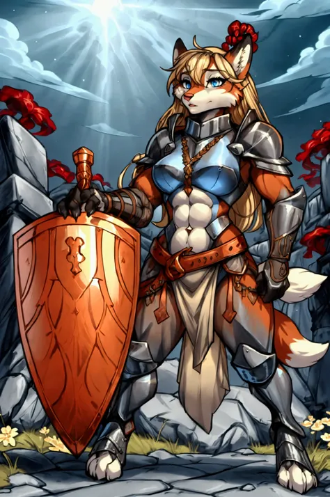 anthropomorphic fox, female, knight armor, long flowing flowery braided blonde hair, combat, wielding a sword in one hand and a ...