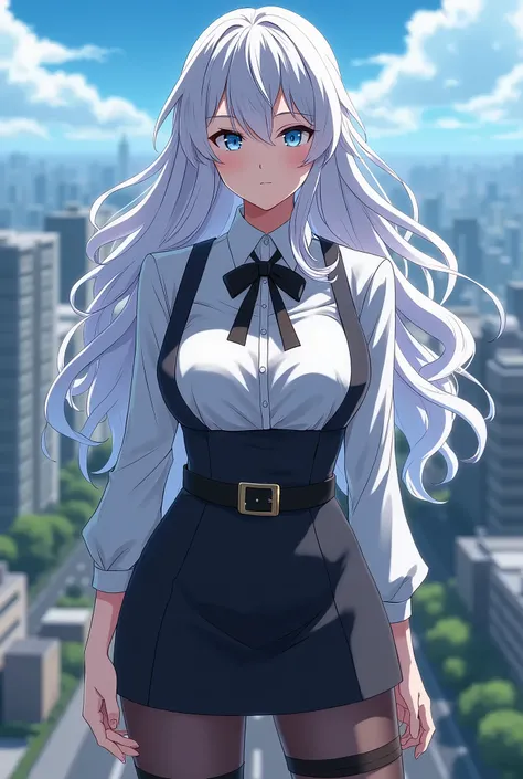   Take a screenshot of Boku no hero academia woman with long white hair up to the waist, curly hair,  blue eyes, very thin waist,  very wide hips,very thick thighs, full length image, Fits very tightly to the body,  formal blouse with long sleeves and belt...