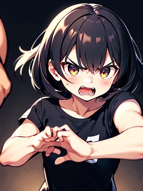 1 girl、 Her hair is brown, medium hair, and permed、Scared and mean face 、It looks like theyre trying to hit it fast with both hands、Black T-shirt、 upper body