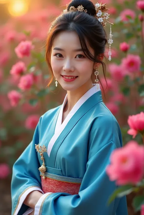 Woman wearing Chinese clothing,Upper body portrait,looking at viewer, Korean, 30 years-old, One of the three most beautiful women in the Korean, A beauty known all over the world, (light Black hair, beautiful lip, smile, earring ), (middle breasts, slender...