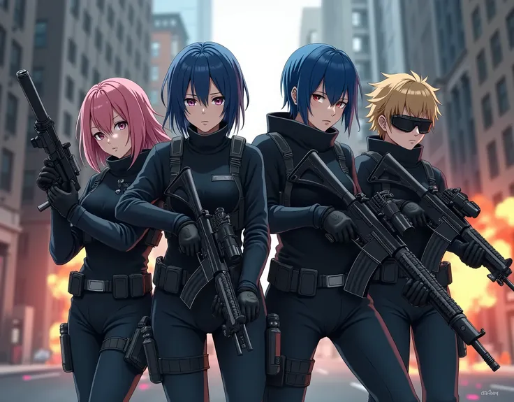 4-person fire team, black tactical gear, tactical gloves, black uniforms, black combat boots, highly detailed AR-15 rifles, highly detailed night vision goggles, anime style, short hair, best quality, masterpiece, 8K, one pink-haired female, one blue-haire...