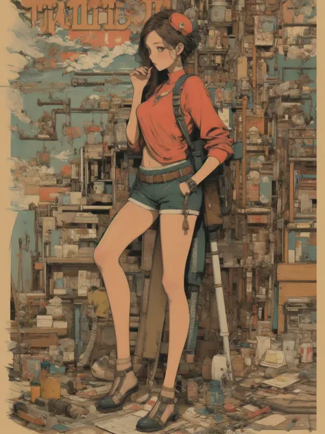 (masterpiece, Best Quality: 1.2), Alone,  1 girl , jppop art style, risograph, Steampunk, metal art, steel pipe, full body, Ready your gun?, perfect anatomy