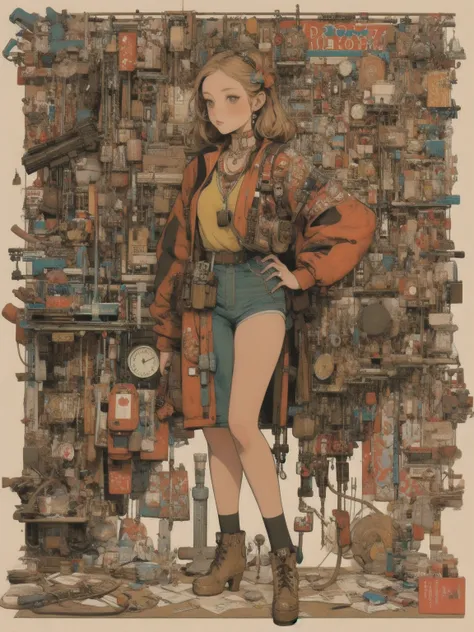 (masterpiece, Best Quality: 1.2), Alone,  1 girl , jppop art style, risograph, Steampunk, metal art, steel pipe, full body, Ready your gun?, perfect anatomy