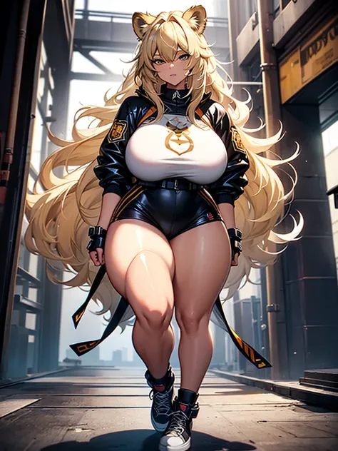 one woman, lion girl, lion ears, lion tail, blonde hair, strong, firm body, thick thighs, big breasts, muscular arms, casual clothes, sfw, sexy, full body, masterpiece, highly detailed, shiny clothes, latex, tall women,