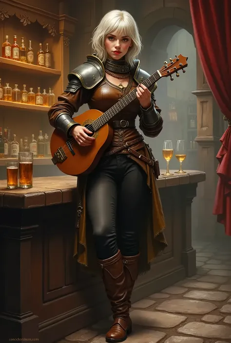 In RPG style, in style of Dungeons & Dragons, in style of fantasy painting. Full body view, looking at the viewer. image of a Beautiful female gnome bard in Medieval tavern, leather armor, with dark pants, leather boots, with lute. Short hairstyle. Standin...