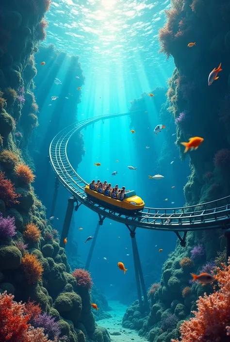 amusement park、( roller coaster going underwater)、(Advance through the water)、Colorful fish、Fantastic、Best Quality、High image quality、masterpiece、8k、wallpaper、
