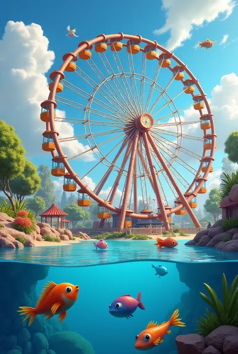 amusement park、(tubular ferris wheel)、(Advance through the water)、 colorful fish making their way through the water、Fantastic、Best Quality、High image quality、masterpiece、8k、wallpaper、
