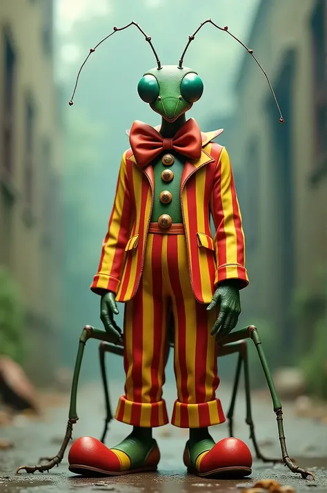 A human body dressed in a clown outfit with red and yellow stripes, oversized shoes, and a giant bow tie. The head is a green praying mantis with large compound eyes and thin antennas.