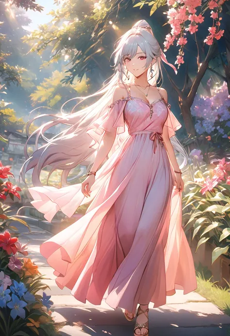 a beautiful woman wearing a floral maxi dress, sandals, long flowing hair, walking in a garden with flowers, sunlight, warm colors, soft focus, cinematic lighting, highly detailed, masterpiece, full body, jingliu,1girl,white hair,long hair,ponytail,hair ri...