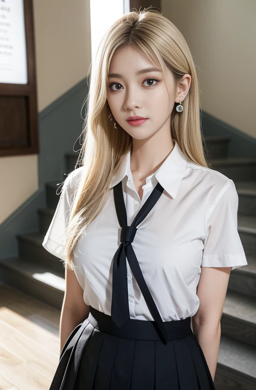 Grey Eyes, Korean Uniform, super short summer uniform shirt , Ribbon tie, skirt, Light Blonde, school stairs, Going down the stairs at school, Chest thrusting posture, Chest-puffing posture, 8k RAWフォト, High resolution, Cool Korean , Very big round breasts,...