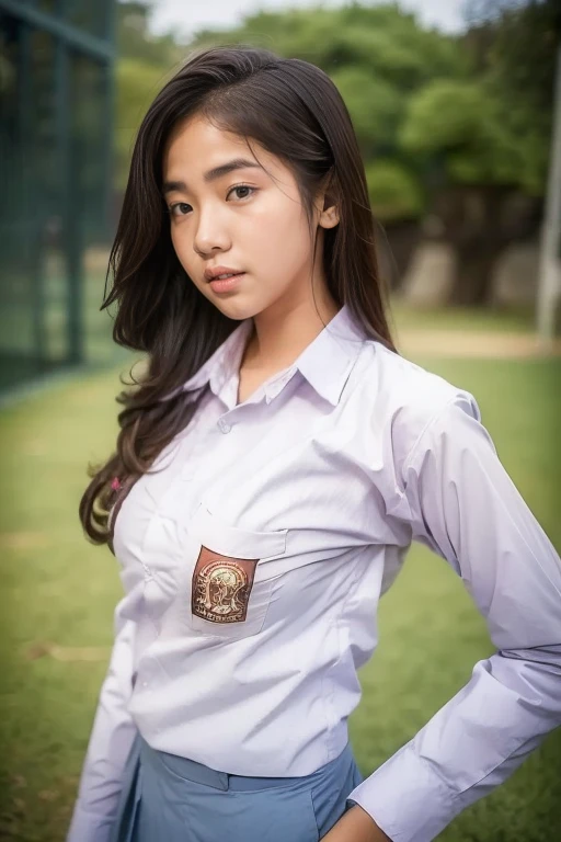 a high school student wearing a white long-sleeved shirt with the osis logo on the pocket and a class badge on the sleeve. getti...