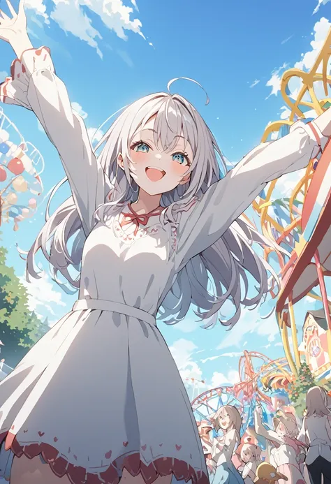 expand your arms and welcome your audience,big smile,alisa mikhailovna kujou,amusement park, cel shading,from below