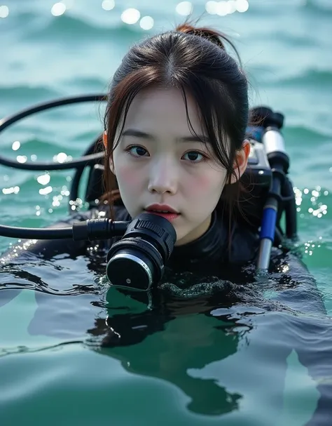 a beautiful and cute 18-year-old japanese girl with a realistic face as in the picture, extreme close up:1.1, scuba diving, wear...