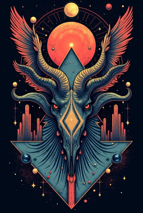 T-shirt design with geometric pattern reminiscent of space, mankind and beasts, psyche-last style, top quality image.