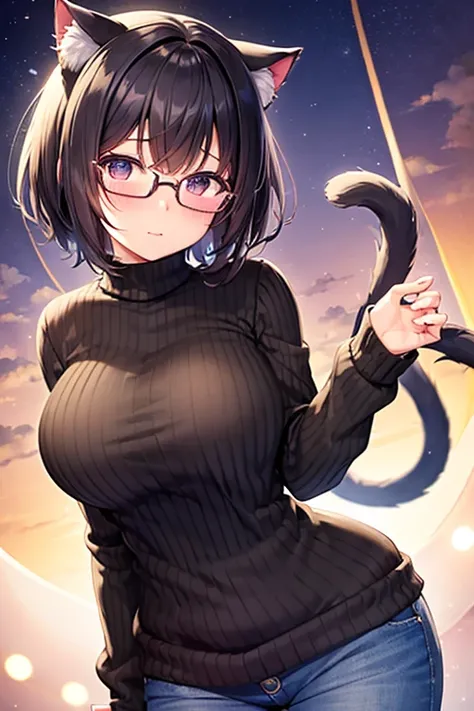 Highest quality、Best Quality、correct、Glasses、Black Hair、Short Hair、Busty、Chubby、milf、night、Knitted sweater、shame、blush、solo、Cat ears、Cat tail