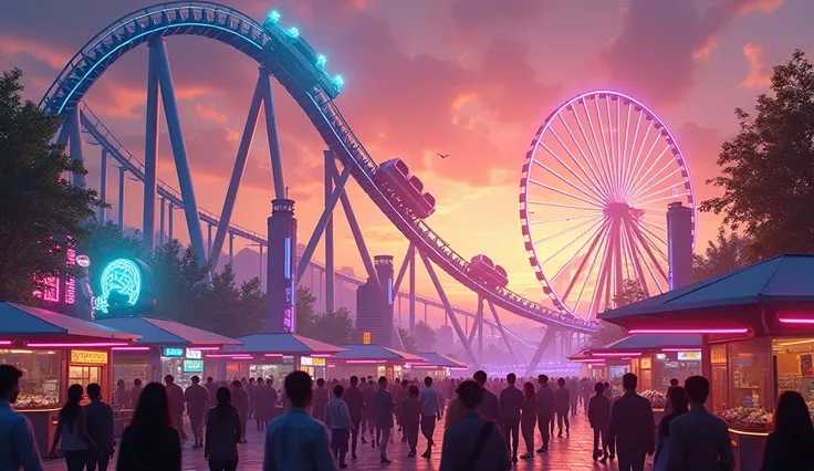 Vibrant, ultra-detailed scene of a futuristic amusement park at dusk, filled with excitement and glowing lights. In the foreground, a massive roller coaster twists through the sky, its neon-lit tracks creating streaks of color as high-tech cars race along ...