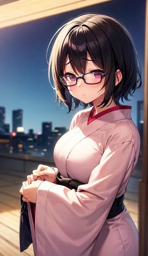 Glasses、milf、Black Hair、Short Hair、Chubby、Busty、Unraveled yukata、night、living、Alone、High resolution ,Best Quality、shame、blush、correct