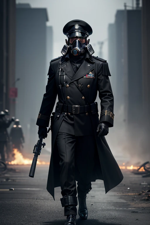 1 man, full-body shot of an official wearing a black trenchcoat, (gas mask:1.2) and (black captains hat:1.3), (metal shoulder straps:1.2), black leather gloves, tall, (free hands:1.1), warzone