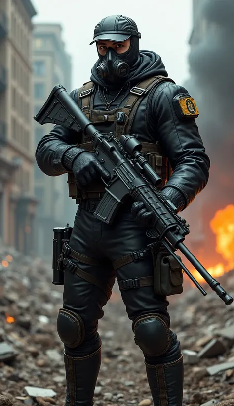 Guy in full black Leather Military Uniform, Leather Gloves, Leather Shaft Boots, Leather Muir Cap, black Gasmask, Machine Gun, destroy City