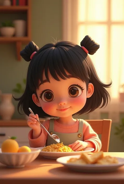  Create an image of a little Asian girl with square hair Disney Pixar style. Shes eating breakfast  