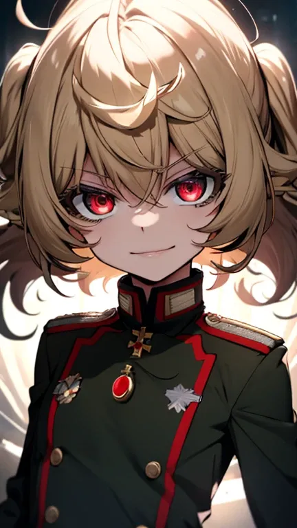 (masterpiece, best quality: 1.1), 1girl solo, tanya, 1girl, solo, , flat chest, small breasts, curvy, military, military uniform, ,, evil smile, wicked expression, anger, red eyes, neutral lighting