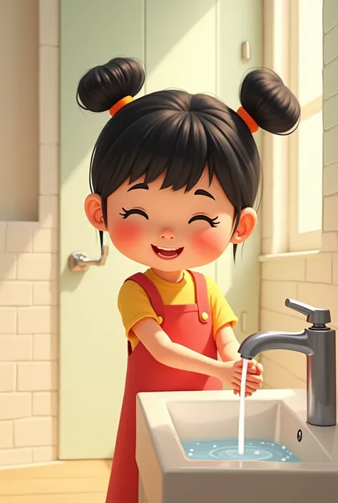 Create an image of a little Asian girl with square hair Disney Pixar style. Elle se lave les mains