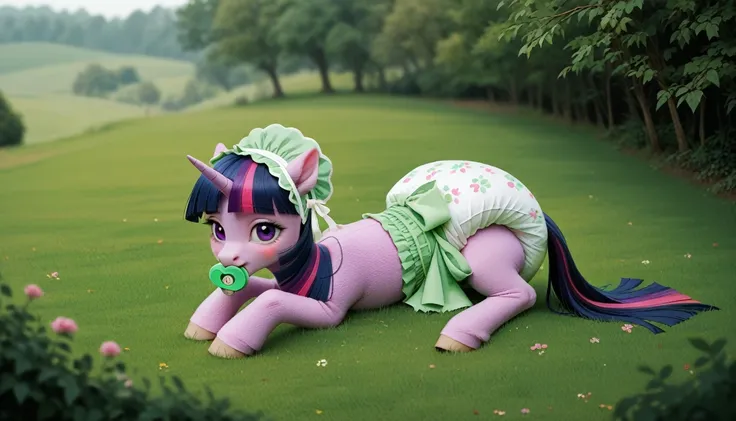 purple pony unicorn alone, Twilight Sparkle, purple wool ,  dark blue mane with a purple strand and a pink strand , gathered in a green bonnet,  dark blue tail with a purple strand and a pink strand, Violet eyes, sitting outside on the grass, dressed in a ...