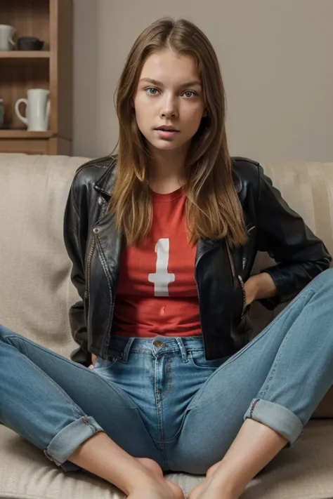  Extremely beautiful eleven-year-old girl sitting on the edge of the couch , facing the spectator , with legs apart , mouth slightly open , red t-shirt without print , black open leather jacket , short jeans azul , bare feet , long blonde hair , large expr...