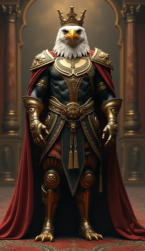 Create A Fusion Image Of A Eagle Man As German  King , Wearing Beautiful Gold Crown , And King Suit , Muscular Body, Eagle Head Human Muscular Body , Standing In Mahal