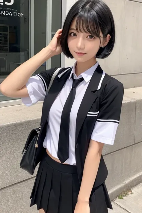 woman　Black Hair　Short Bob　Student Uniform