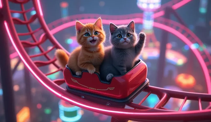 Ultra-detailed, whimsical scene of two playful cats riding in a roller coaster cart as it speeds along a twisting track. The cart is suspended high in the air, surrounded by loops and sharp turns, with bright, neon lights illuminating the track. The two ca...